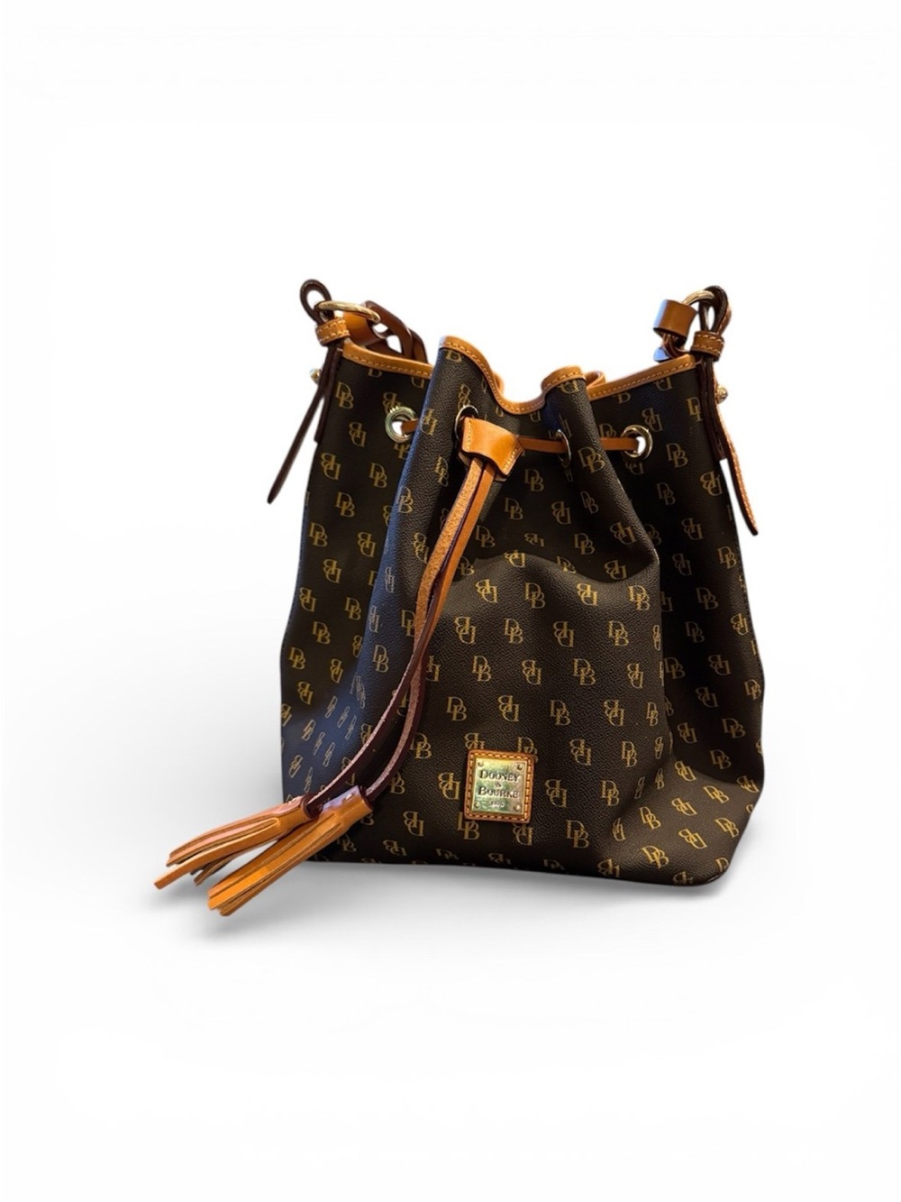 Dooney & Bourke Brown Monogram Drawstring Bucket Bag with Tan Trim